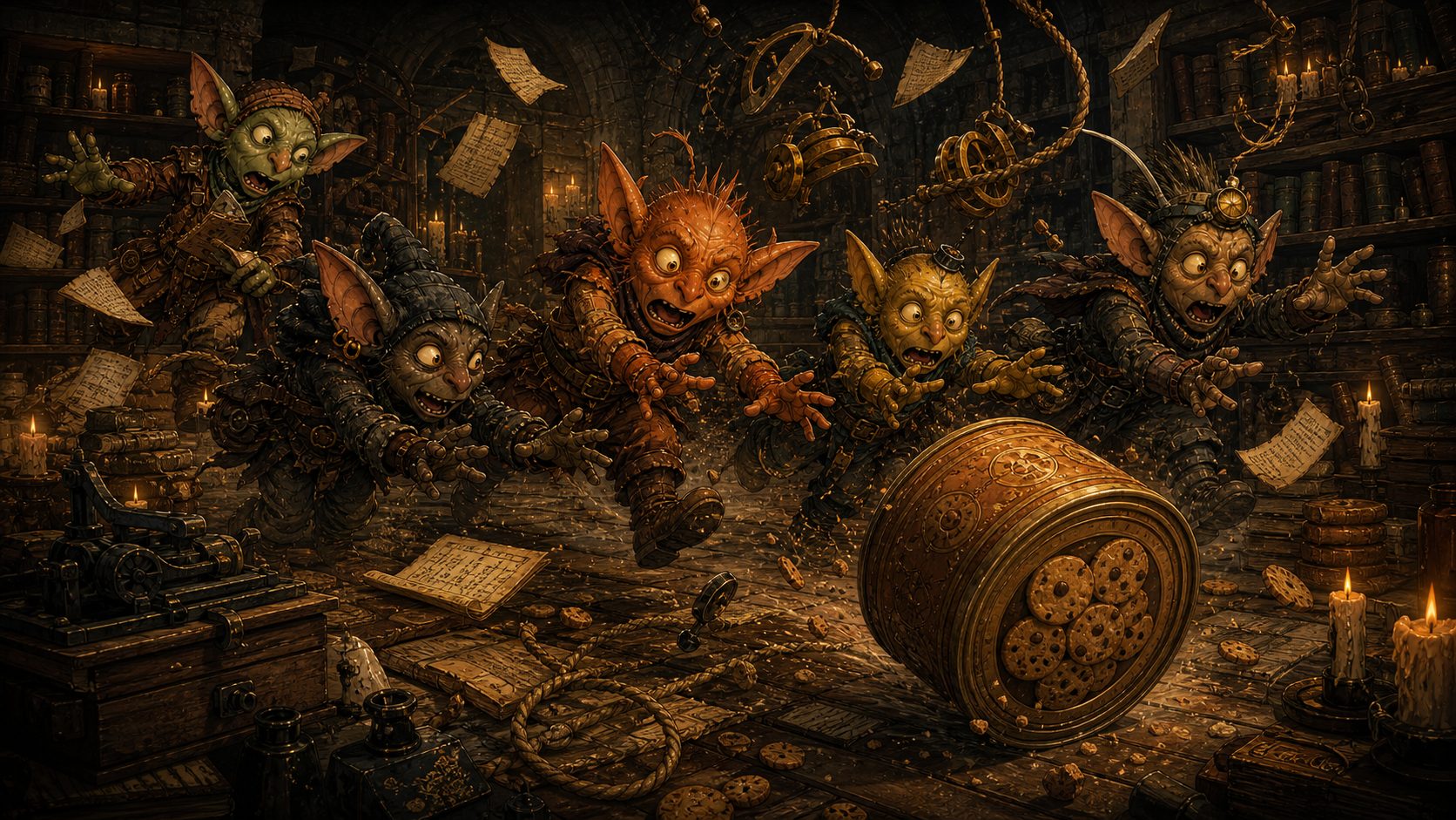 Five original Snerfs chase a runaway biscuit tin through a candlelit underground archive.